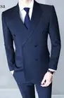 Темно-синий мужской костюм, мужские повседневные офисные деловые двубортные костюмы, мужские деловые Свадебные смокинговые костюмы (пиджак + брюки + жилет + галстук)