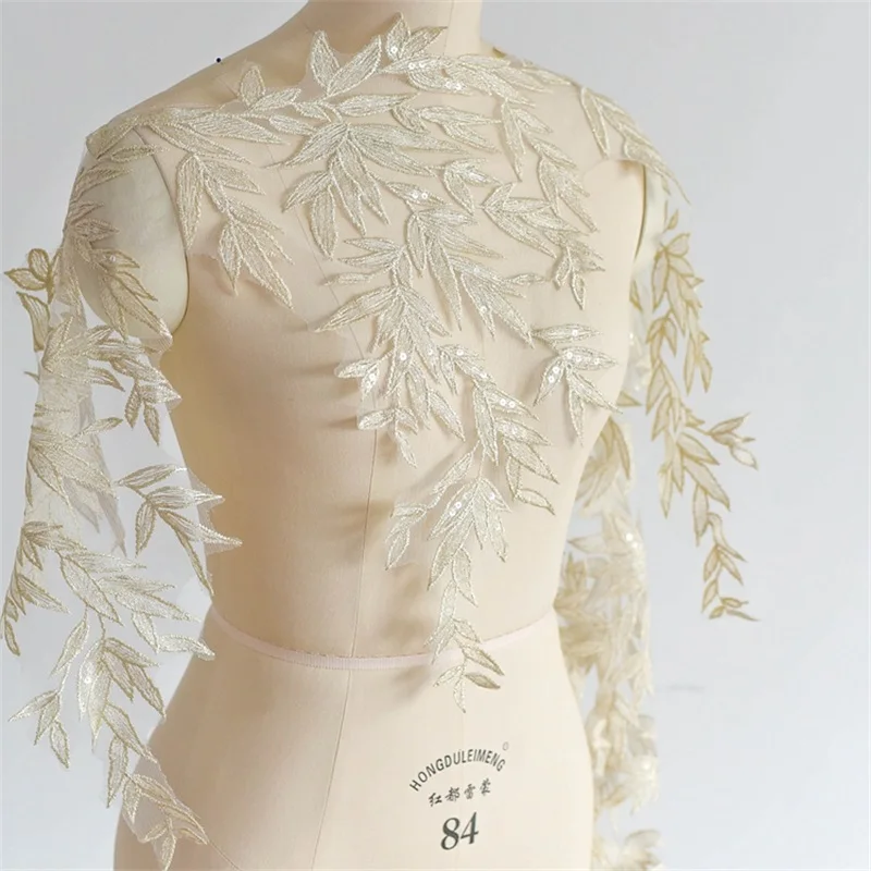 

Champagne Bamboo Embroidery Sequins Lace Trim DIY Wedding Veil Handwork Sewing Accessorries V2431