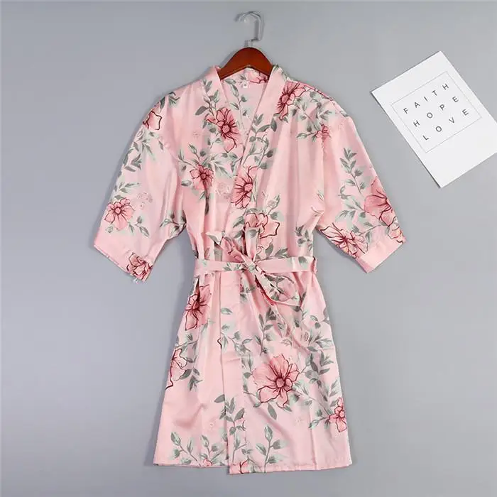 Robe Pink Сексуальное женское атласное Короткое Кимоно, халат, ночная рубашка, халат с цветочным принтом, мягкий халат, Свадебный халат для невесты, халат для подружки невесты - Цвет: Robe Pink
