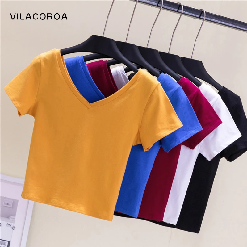 

Summer Women Clothing Tees Top V-Neck Short Sleeves Cropped Tops T-shirts Women Solid Color Blouse Cotton Skinny Harajuku Woman