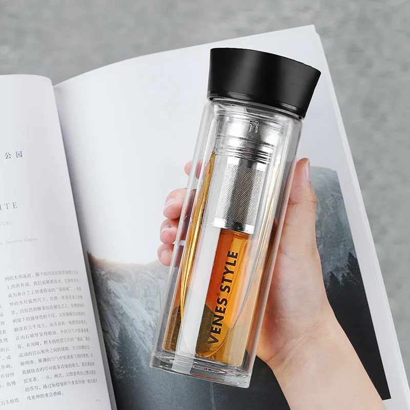 Двойная стеклянная бутылка для воды с чайной перегородкой из нержавеющей стали