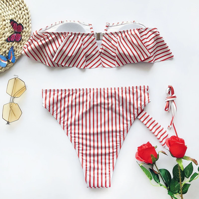 Сексуальное полосатое бикини с оборками mujer bathers бандо Высокая талия Купальник женский пуш-ап купальник женский купальный костюм бикини