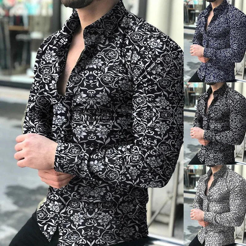 

European and American men's long-sleeved 3D printed floral shirts, printed stand-up collar regular-fit button casual shirts