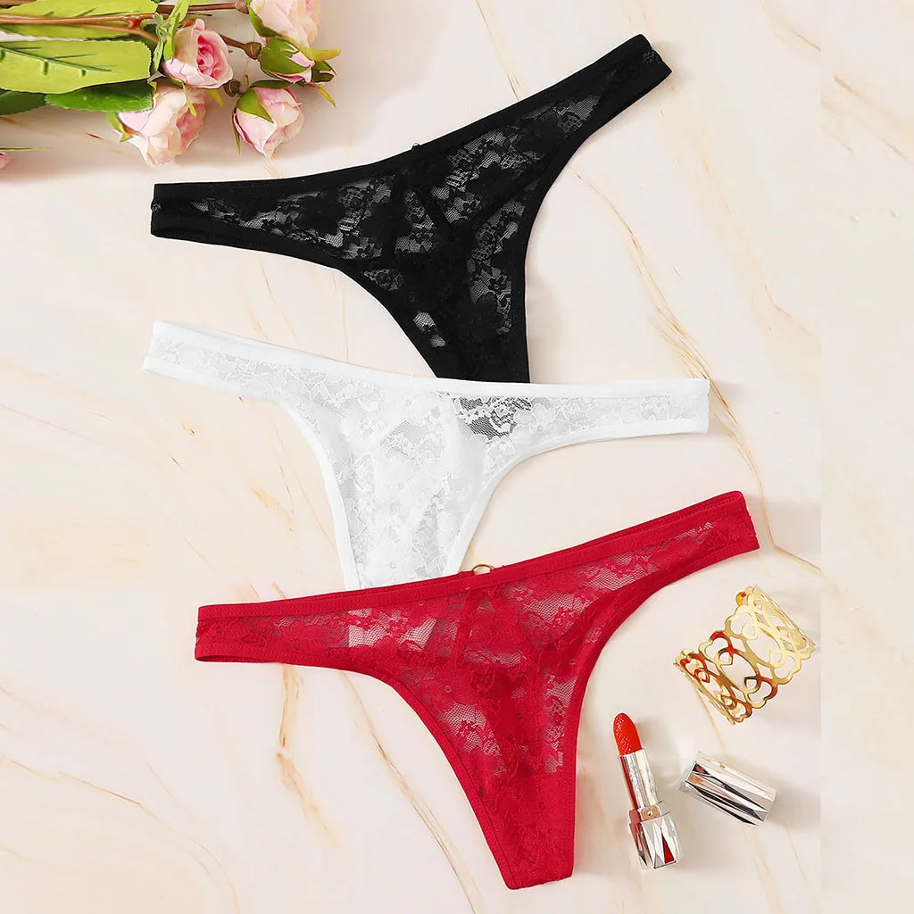 

3 Pcs Lot Lingerie Femme Underwear Women Sexy G String Thong Sexy Lace Embroidery Hollow Out Perspective Panties Solid Color