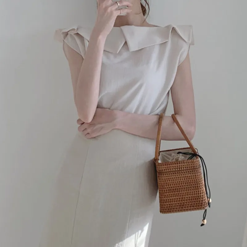 

KUSAHIKI Slash Neck Sleeveless Ruffle Blouse Women Korean Slim Elegant Shirt 2021 Spring Summer New Solid Blusas Mujer 6G305