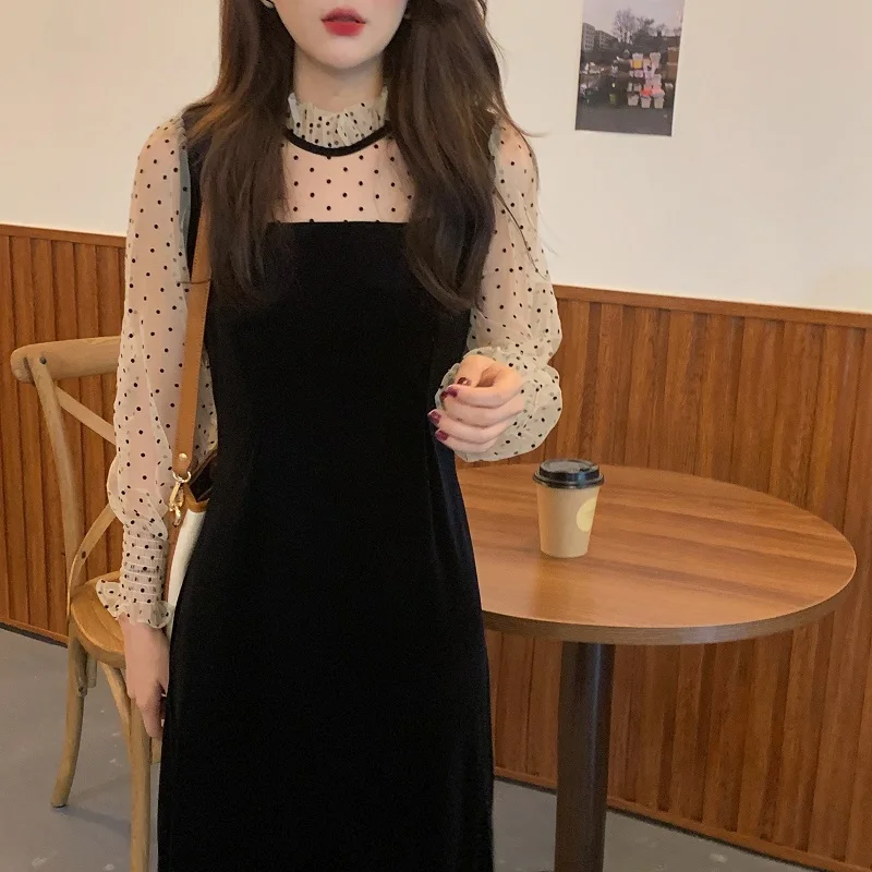 

French Elegant Autumn Party Dress Women Korean Fake Two Piece Mesh Patchwork Velvet Long Dress Slim Office Lady Dot Print