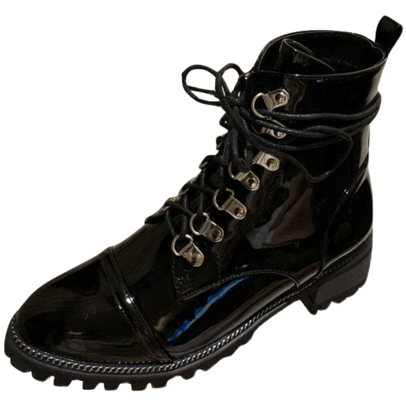 

Fashion Ankle Boots Women Metal Decoration Lace-Up Ladies Booties Round Toe Thick Heel Female Shoes Fashion Woman Martin Boots
