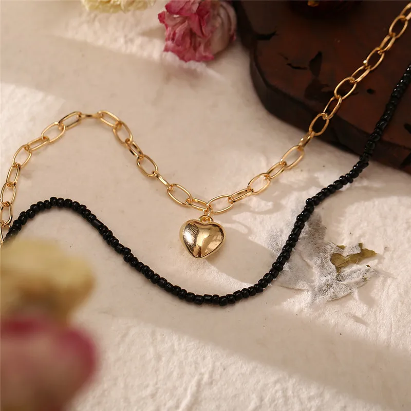 

Vintage Black Beaded Heart Chain Pendant Necklace for Women Girl Metal Gold Silver Color Double Layer Necklaces Collares