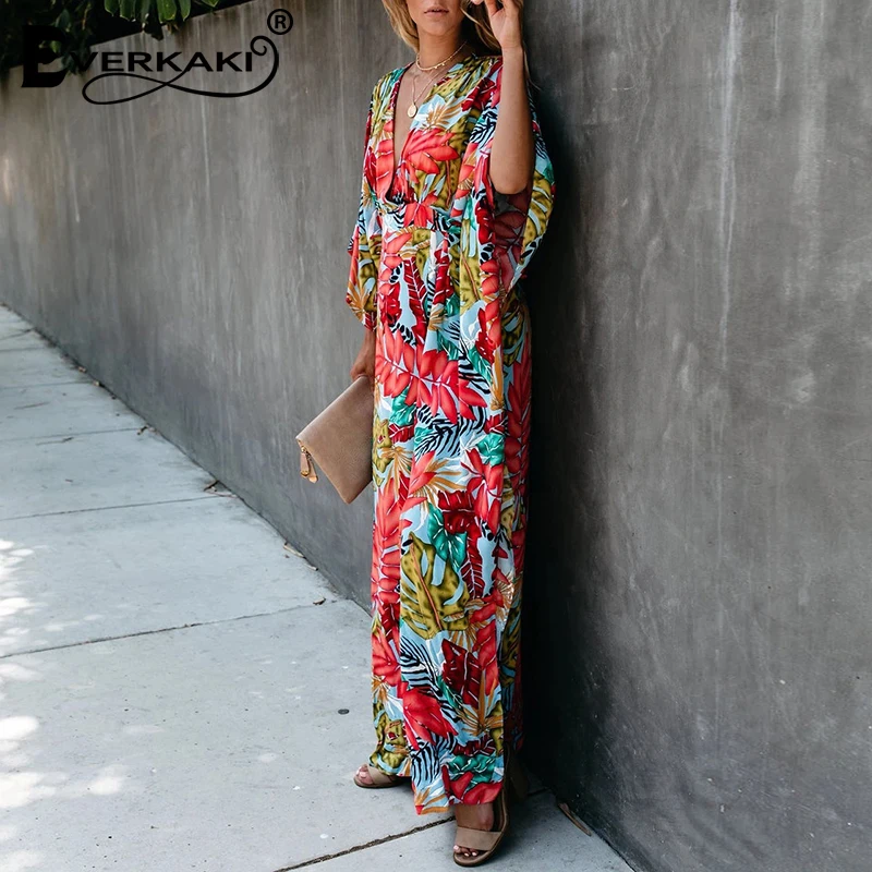 Everkaki Long Dress Women Boho Floral Print Sashes Loose Summer Vestidos Beach Casual Ladies Maxi Dresses Female 2020 Spring New | Женская