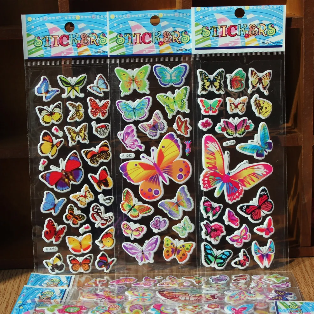 

Random mix 3pcs/lot Cartoon butterfly Bubble Stickers 3D the man Classic Toys Scrapbook For Kids Children Gift Reward Sticker