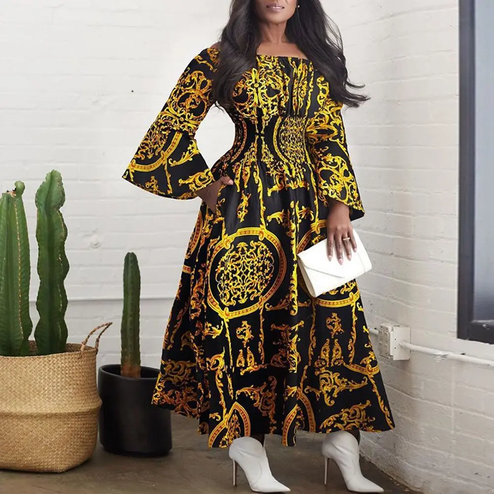

Print Dresses For Women 2021 Off Shoulder Fashion Elegant Expansion Flare Sleeve Ethnic Vintage Female Maxi Long Sleeve Dress