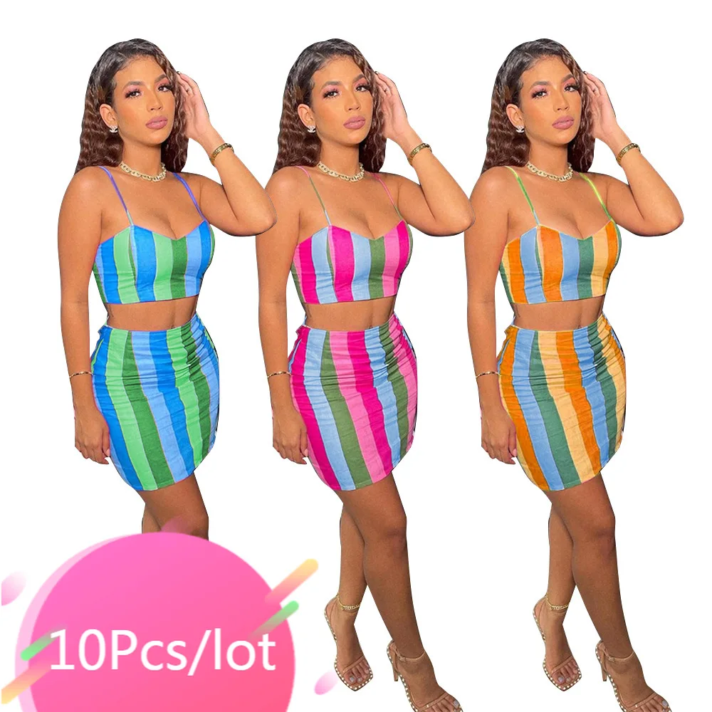 

Bulk Items Wholesale Lots Summer Two Piece Sets Striped Sleeveless Strap V-neck Crop Tops Mini Skirts Sexy Club Party Outfits