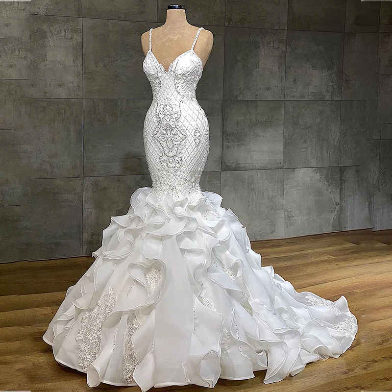 

Женское свадебное платье с юбкой-годе, роскошное кружевное платье с глубоким вырезом и бусинами, индивидуальный пошив