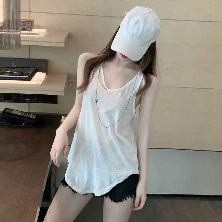 

Heavy Industry Chain Side Slit Vest Women's Summer Wear Loose Korean Style Sleeveless T-shirt Sling Top Ins Fashion