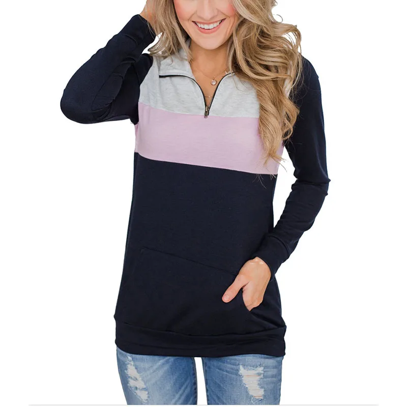 Контрастная Женская Осенняя повседневная толстовка на молнии с лацканами