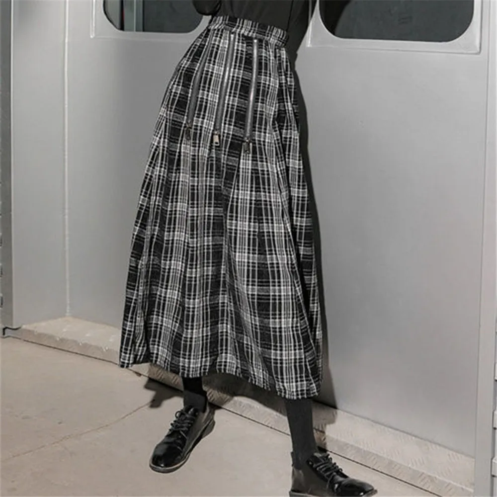 

Готическая мотоциклетная плиссированная юбка на молнии, винтажная черная, белая женская длинная юбка-трапеция, осень