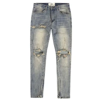 europe and the high street wind holes jeans heavy washing yellow blue elastic slim jeans