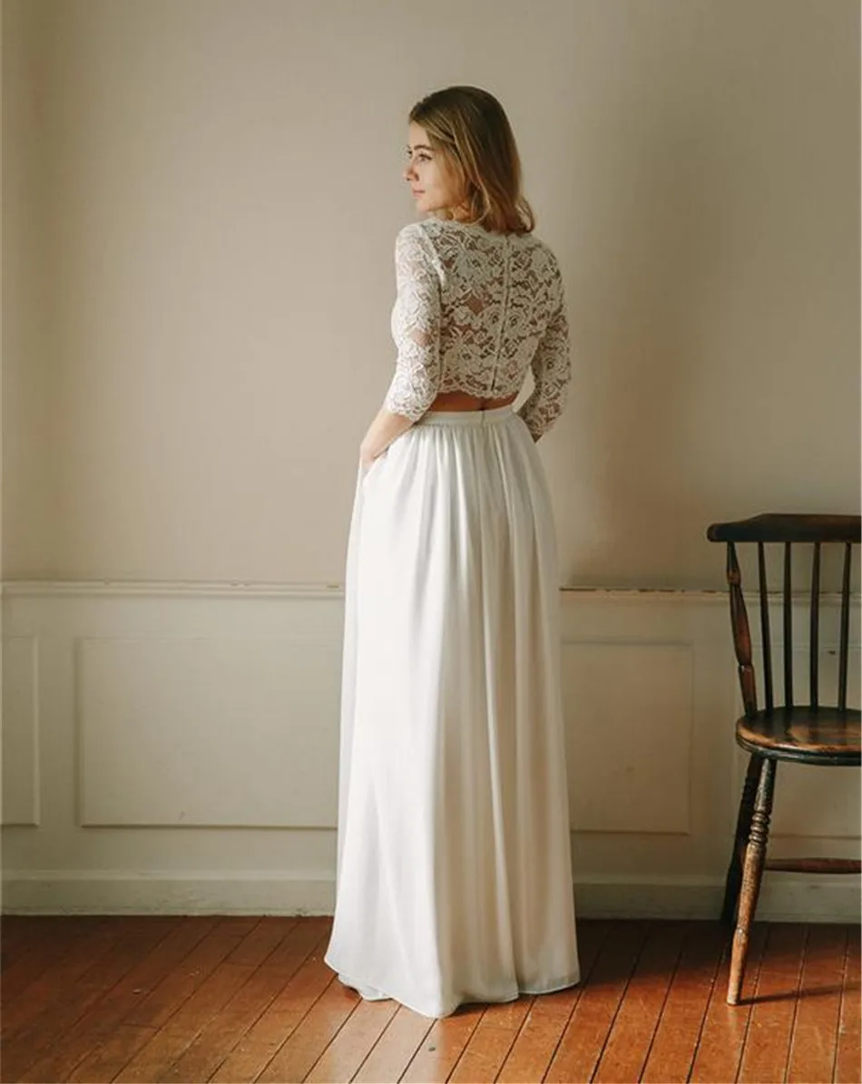 Женское шифоновое платье до пола простое с длинным рукавом и кружевной