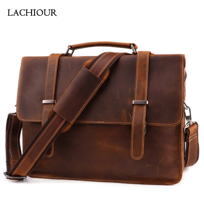 Vintage Crazy Horse Leather Messenger Bag Men Real Leather Handbags 14 Inch Laptop Bag Business Travel Shoulder Bag