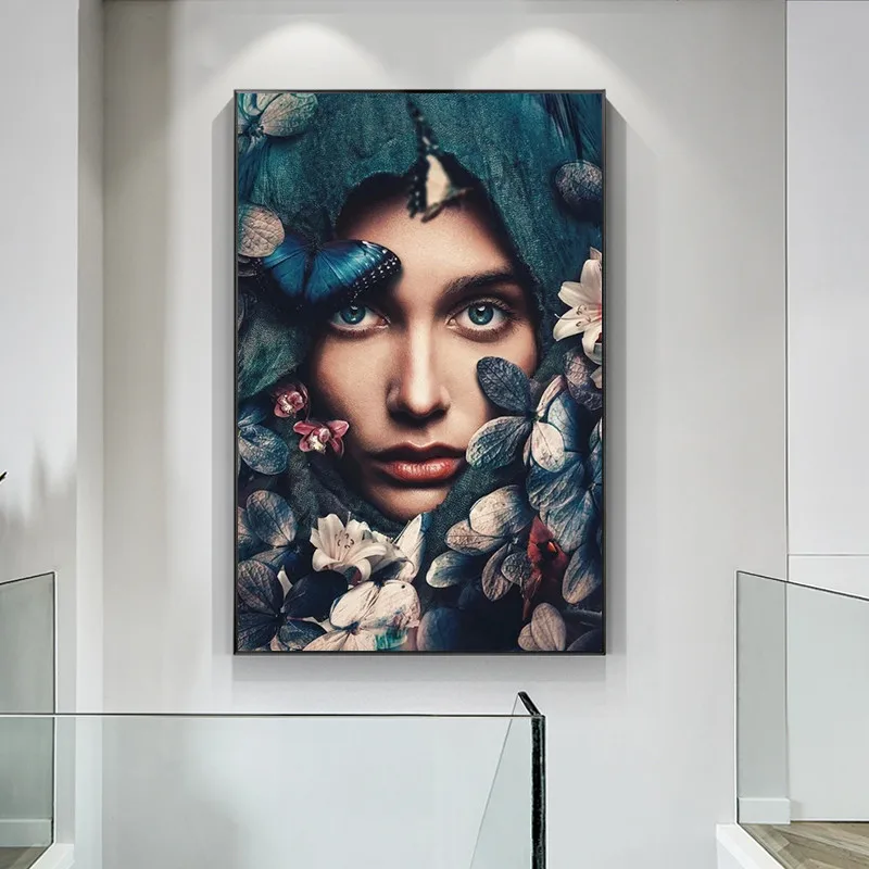 

African Scarfed Woman Mesmerizing Eyes Canvas Painting Black Girl with Flower Butterfly Poster Living Room Decoration Home Decor