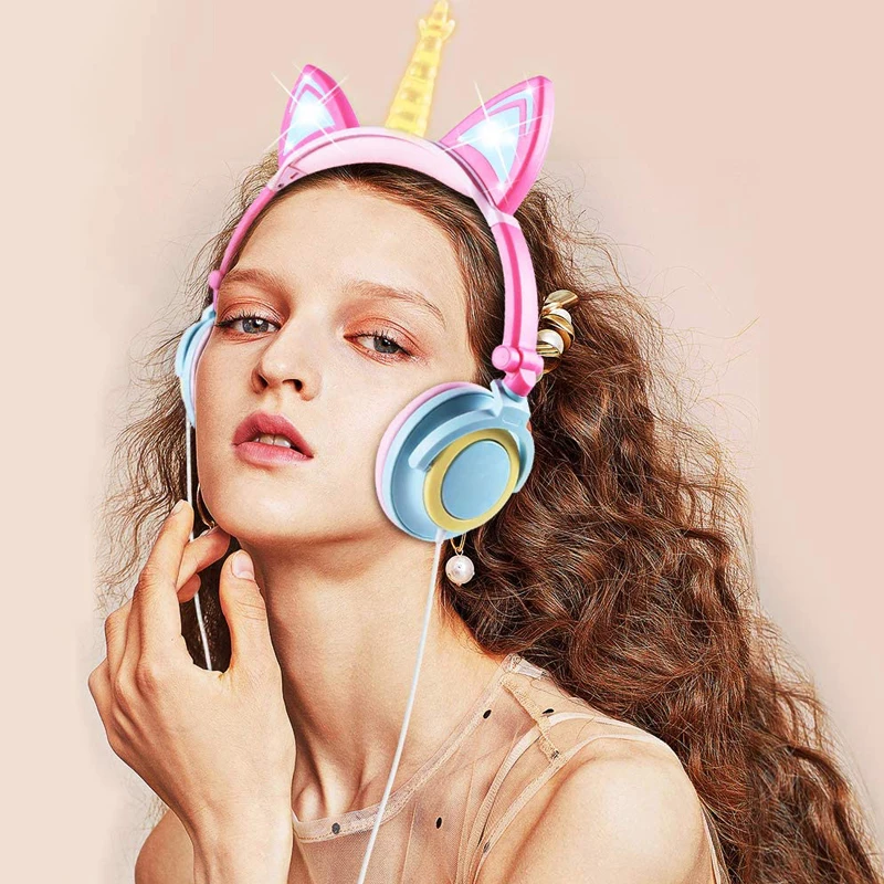 Наушники кошачьи уши с единорогом для девочек гарнитура со светодиодсветильник