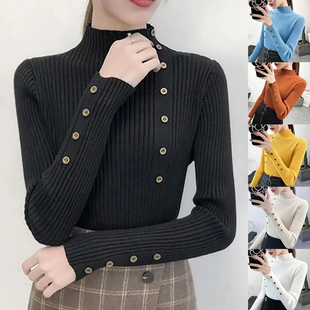 

Knitted Slim Sweaters Solid Knitted Female Cotton Soft Elastic Color Pullovers Button Full Sleeve Turtleneck purple sweater
