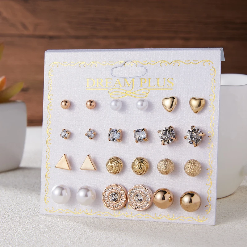 

2021 New Pearl Earrings Set Bohemian Fashion Female Jewelry Geometric Crystal Heart Drop Earrings For Women Stud Earring Kit