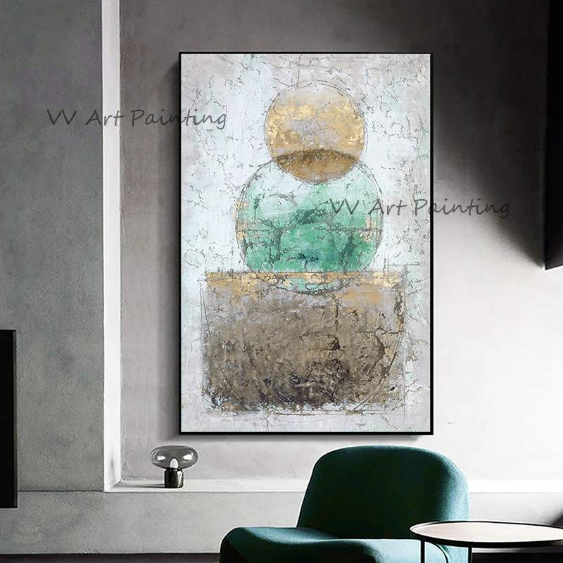 

Abstract Green Canvas Art 100% Hand Painted Canvas Circle Oil Painting Square Wall Art for Home Living Room Wall Picture Decor