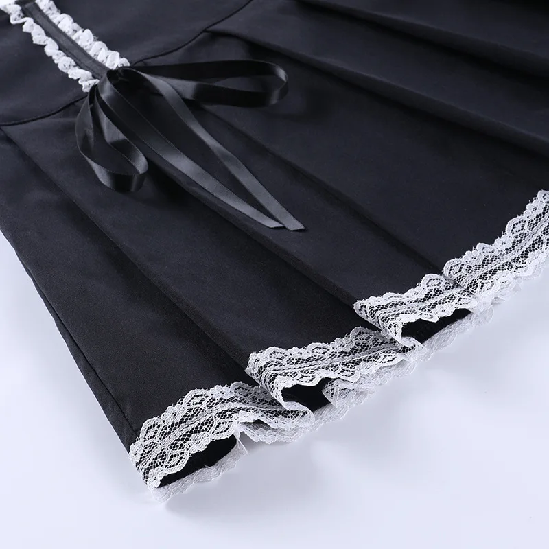 

Sexy Women Punk A Line Black Pleated Mini Skirts Gothic Harajuku Grunge Streetwear Bandage Lace Skirt