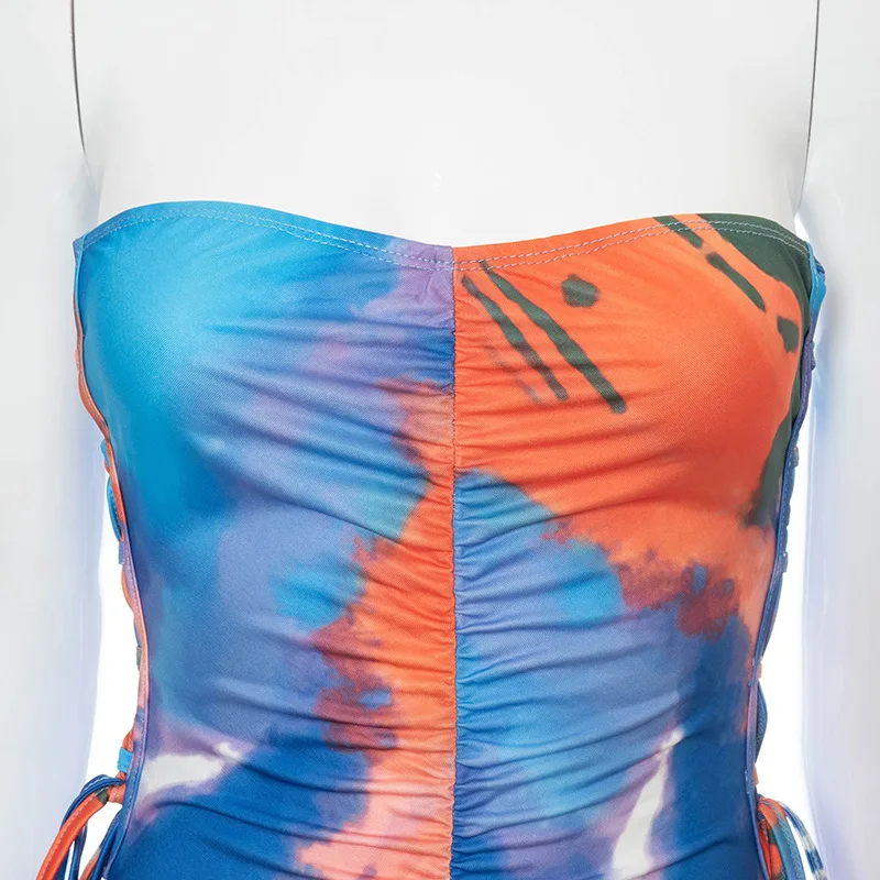 

Tie Dye Printed Ruched Bandage Strapless Jumpsuits Bodycon Slim Lace Up Workout Sportwear Long Rompers Casual 2021 Party Club