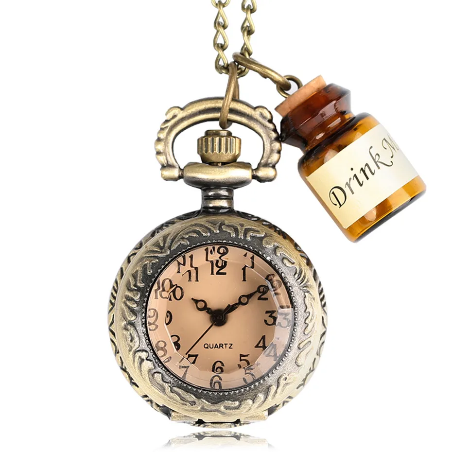 

Theme Drink Me Bottle Accessory Bronze Pendant Watch Quartz Fob Pocket Watch Necklace Chain Small Size