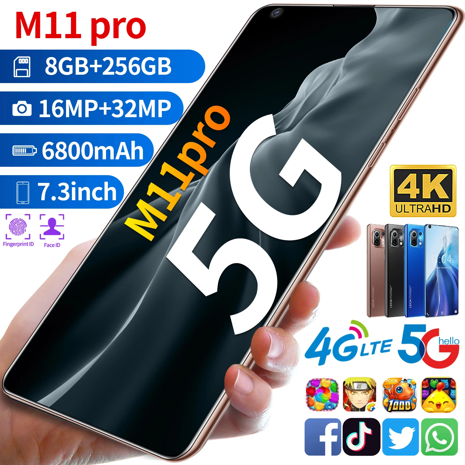 

Global Version 7.3 Inch 8GB 256GB 5G Smart Phone 16+32MP Andriod 10 Dual SIM 10 Core Fingerprint Face ID Mobile Phone MTK6889