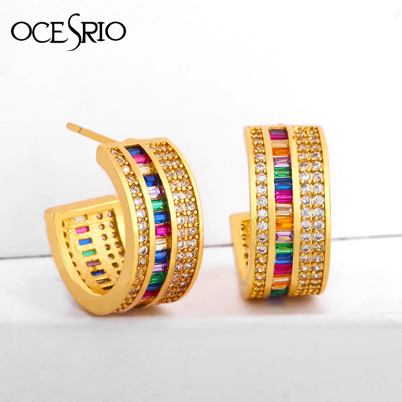 Женские радужные серьги-кольца OCESRIO круглые с кристаллами позолоченные