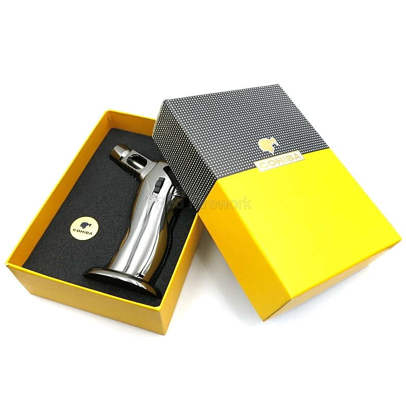 COHIBA Желтый Серый Металл поворотный Gasline тройной пламени факел ветрозащитный Professional сигары Авто прикуриватели с подарочной коробке