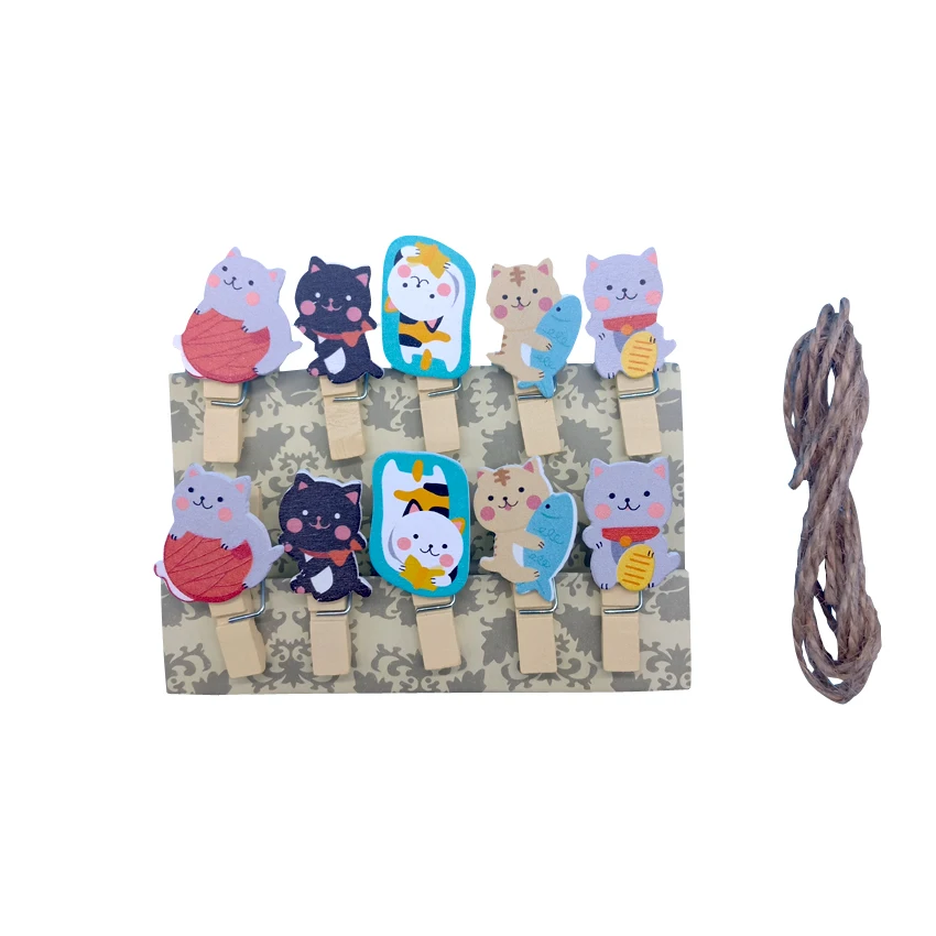 

free shipping 10packs/lot Cute Money Fortune Lucky cat Wooden Paper Clip Clothespin Craft Mini Wooden Clothes Photo clips