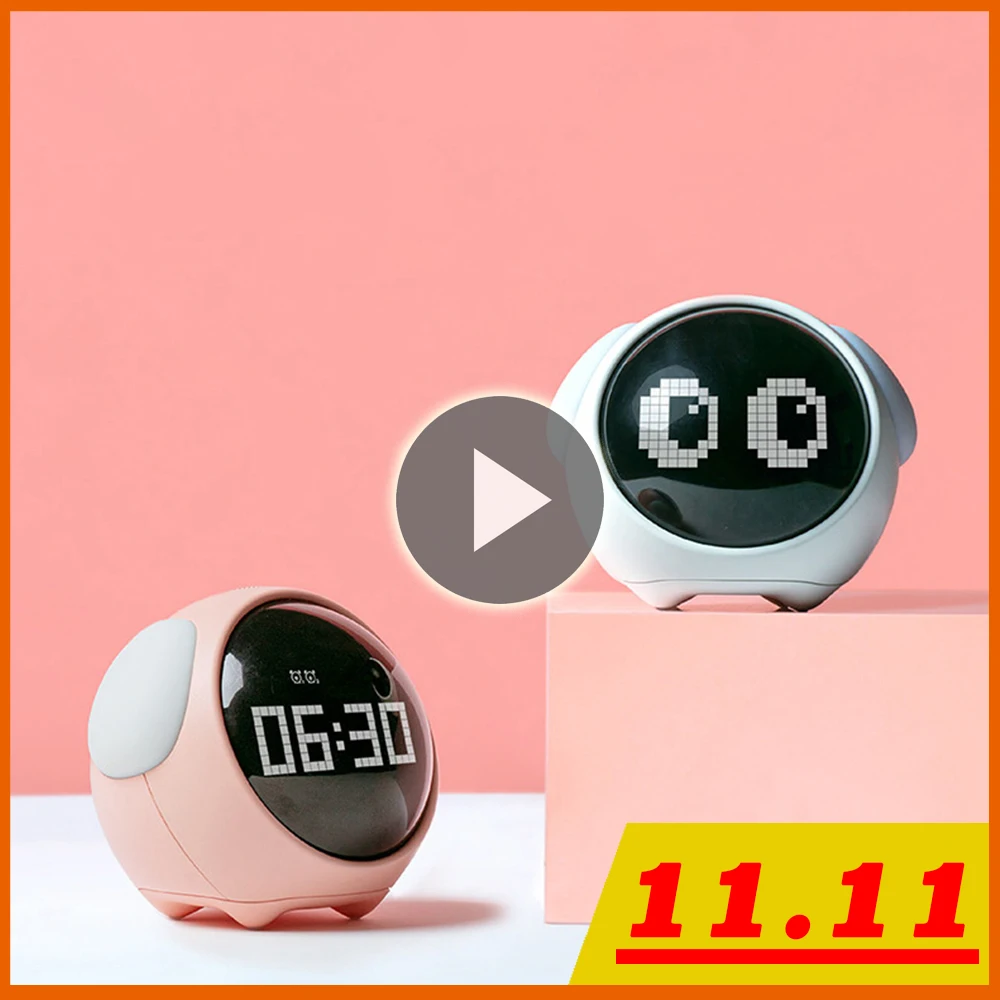 

2021 New Cute Expression Alarm Clock Multifunctional Bedside Voice Control Night Light Snooze Chargeable Child Alarm Clock