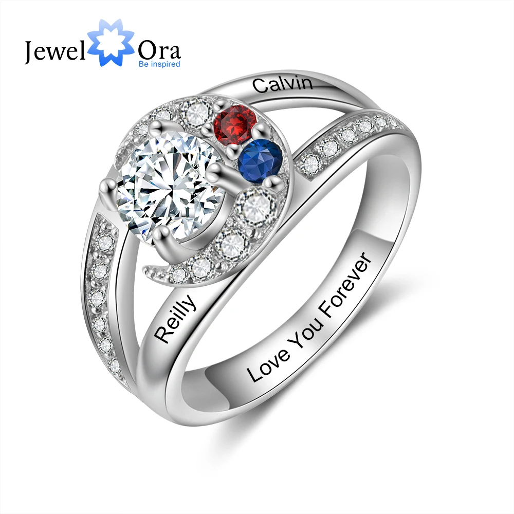 JewelOra Personalized Birthstone Moon Rings for Women Customized 2-4 Name Engraved Ring Jewelry Christmas Gifts for Mothers