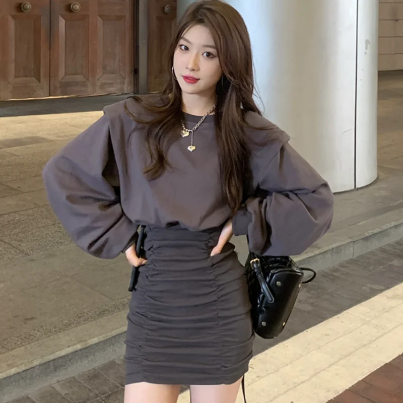 

Женское платье, осень 2021, новое корейское модное однотонное с длинным рукавом, верхняя часть тела, свободные, со складками, короткие платья