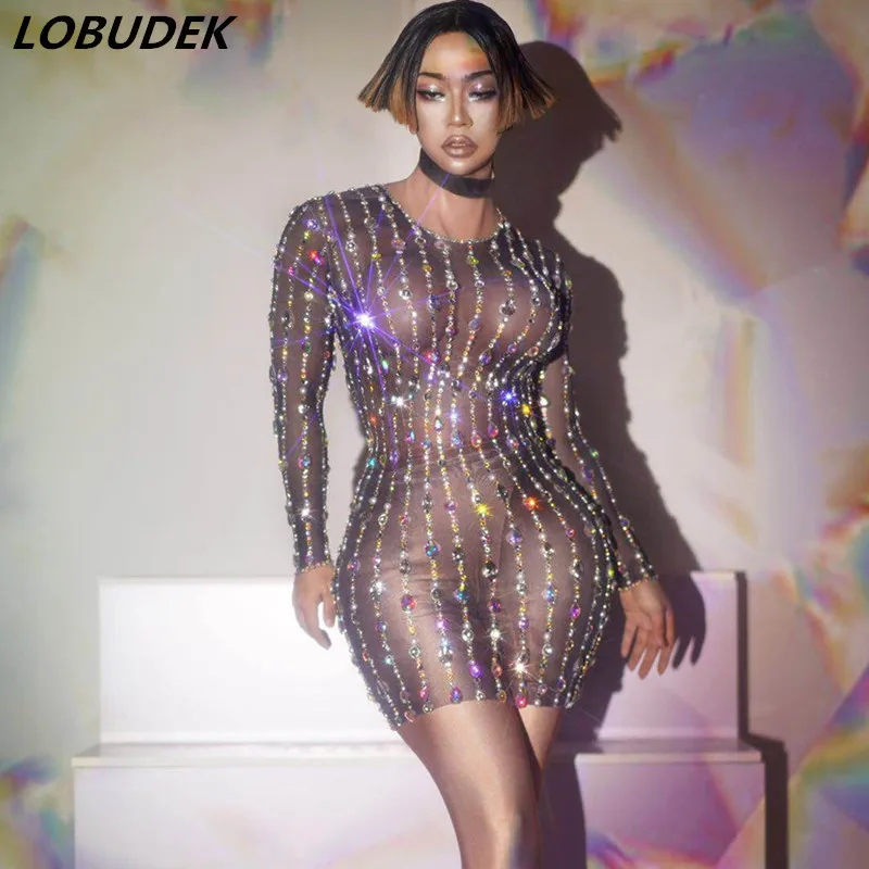 Модное цветное Сетчатое платье стразы с жемчужинами женское стрейч для