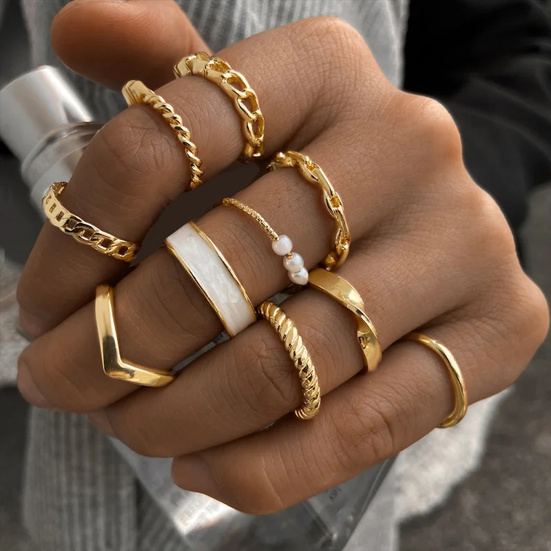 

Womens Pearl Ring Gold 10 Pieces Set Joint Female Creativity Chain Ring