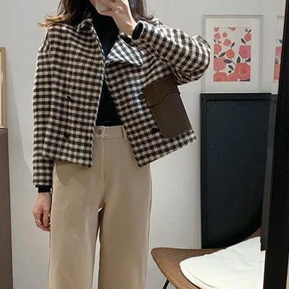 

Красивая Женская куртка в стиле ретро, черно-белое шерстяное короткое пальто в стиле пэчворк, Осень-зима, смесь шерсти