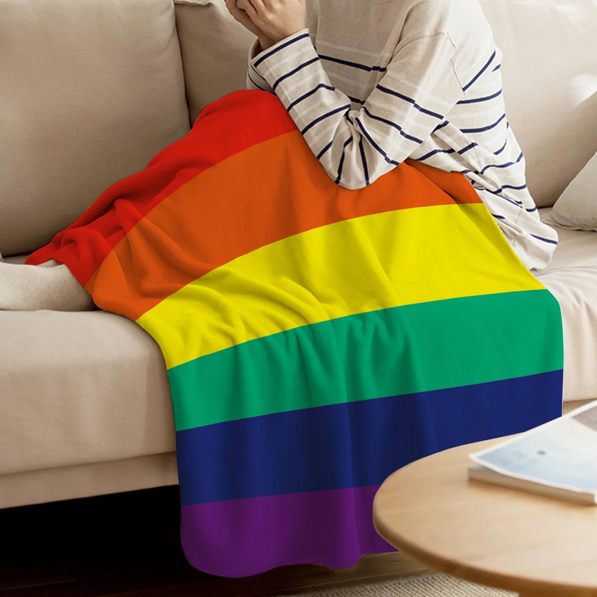 Flannel Blankets Colorful Stripe  Pride Rainbow Blanket Cushion Warm Throws on Sofa Bed Home Bedspread Travel Flannel Blanket