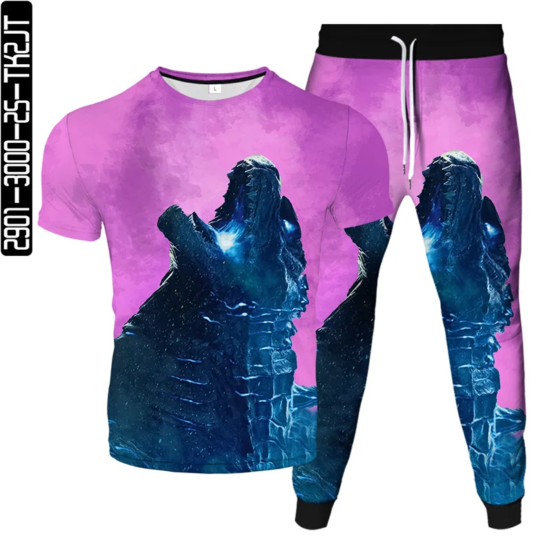 

2021 spring and summer new Harajuku men's 3D ink printing animal elements casual T-shirt sports trousers two-piece suit