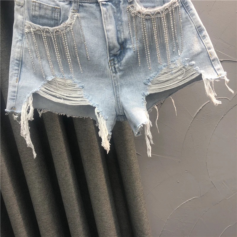 

SHENGPALAE Tassel Beaded Short Jeans Women's Summer 2021 New High Waist Fashion A-line Wide Leg Hot Denim Shorts Female 5E923