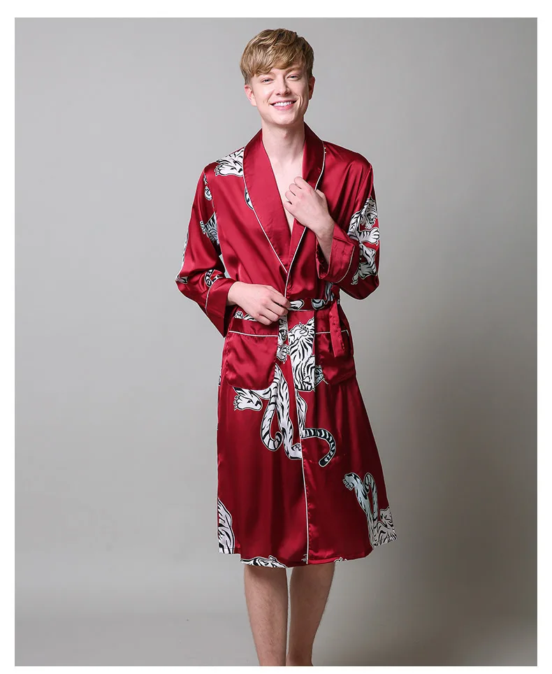 robe only Атласная Ночная рубашка из двух предметов, атласная Мужская одежда для сна, свободное платье с тигром, шелковистый халат с длинными рукавами и длинные штаны, ночной комплект для мужчин - Цвет: robe only