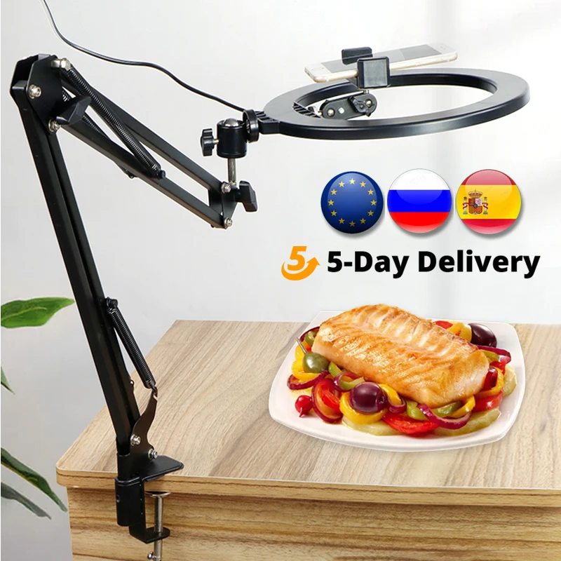 

Dimmable LED Selfie Ring Light With Metal Long Arm Holder Mobile Phone Support Photography Lighting Ringlight For Youtube Makeup