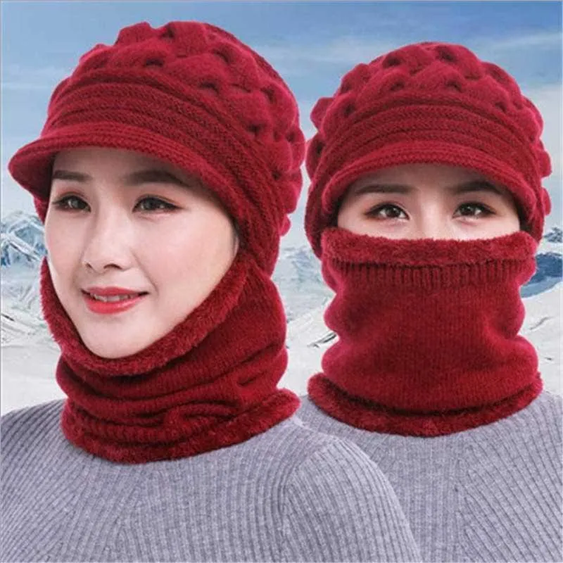 

Coral Fleece Winter Hat Beanies Women's Hat Scarf Warm Breathable Wool Knitted Hat For Women Double Layers Protection Caps