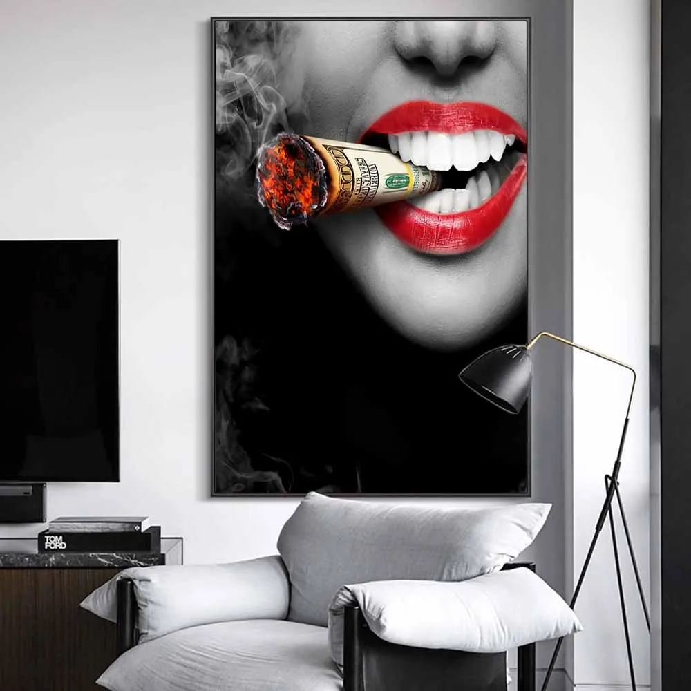 Сексуальные губы курить деньги девушки холст Искусство современного искусства