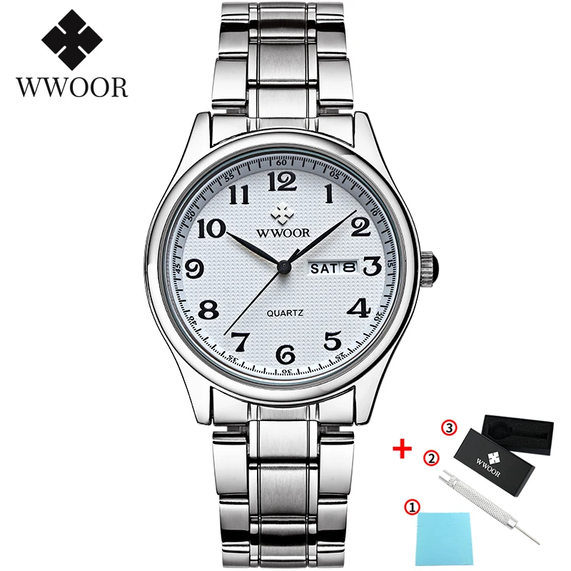 WWOOR Classic White Watch Men Luxury Brand Waterproof Quartz Vintage Men Watch With Date Stainless Steel Wristwatch Reloj Hombre