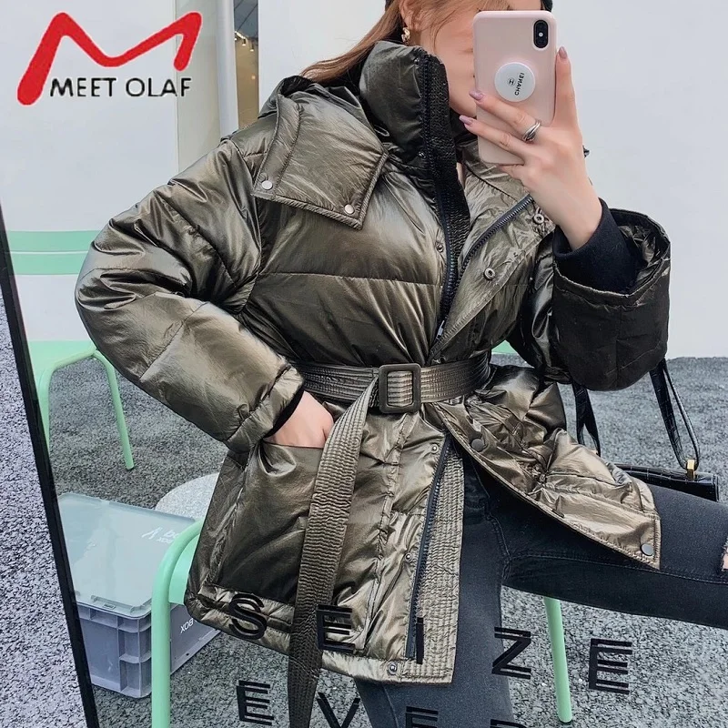 Casual Loose Glossy Hooded Down Jacket Women Fashion Solid Winter Thick Warm White Duck Coats Female Elegant Belt Parkas 